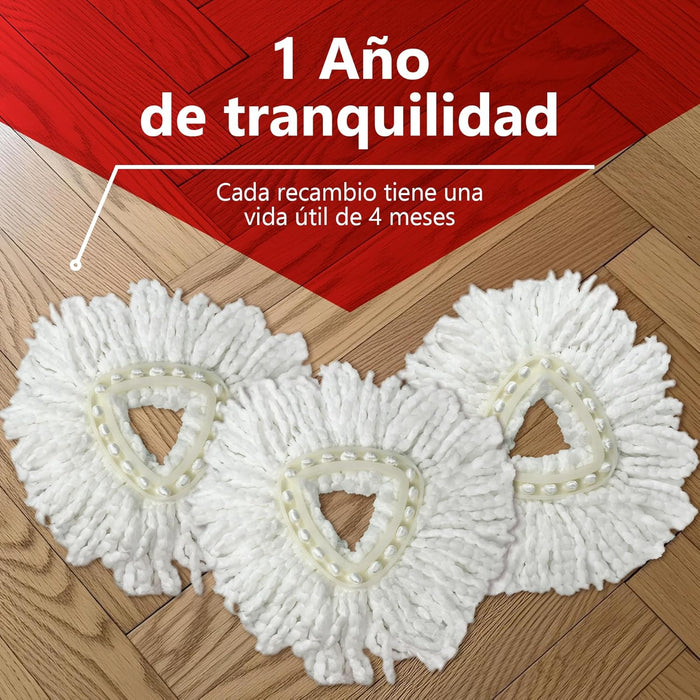 Recambios de microfibra Cia&Co colocados en fregona tipo Vileda para suelos.