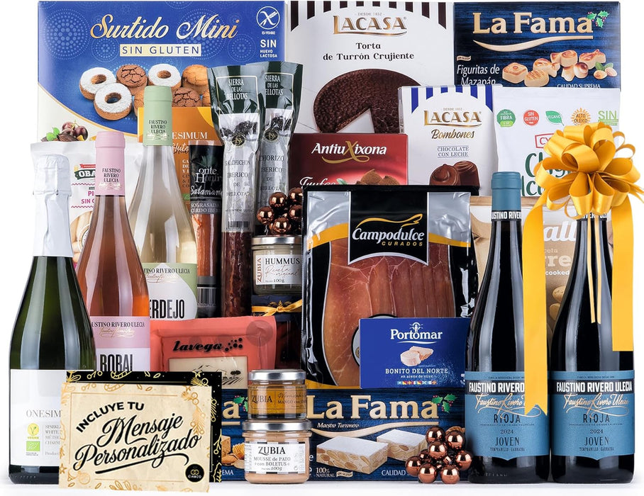 Cesta de Navidad Gourmet Sin Gluten 2025 (Lote 224) · Con Jamón, Brut, Vinos Faustino, Turrones, Ibéricos y Queso · Incluye Tarjeta Personalizable · Regalo Corporativo, Familiar o Personal.