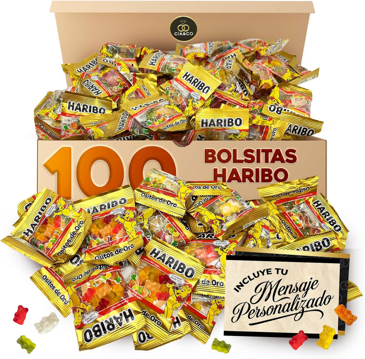 Vista frontal del Box HARIBO ORO con 100 bolsitas.