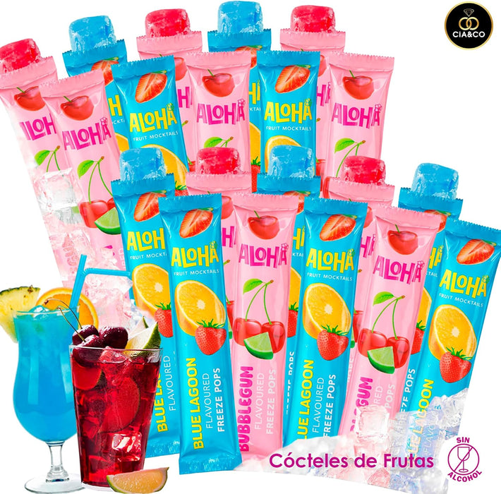 Polos líquidos ALOHA listos para congelar con sabores Blue Lagoon y Bubblegum Cereza.