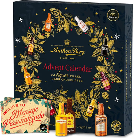Calendario de Adviento Anthon Berg 2025 con 24 botellitas de chocolate negro y tarjeta personalizada Cia&Co.