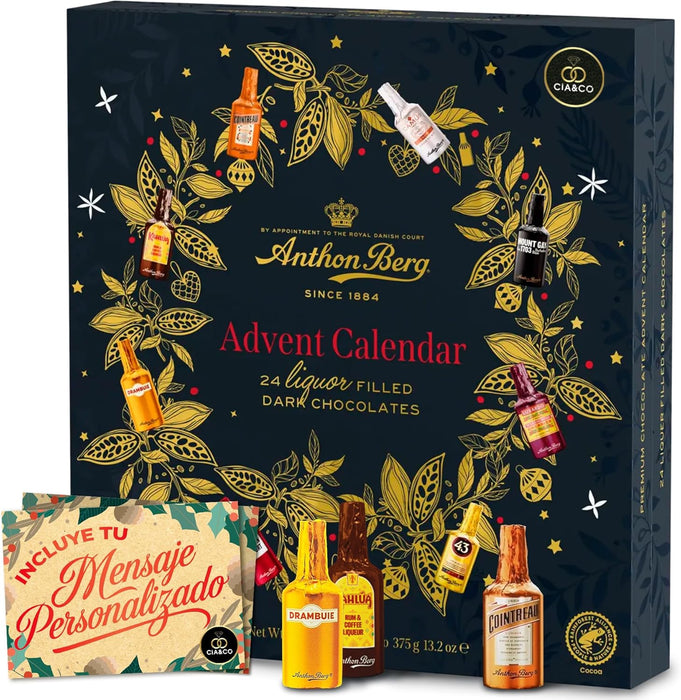 Calendario de Adviento Anthon Berg 2025 con 24 botellitas de chocolate negro y tarjeta personalizada Cia&Co.