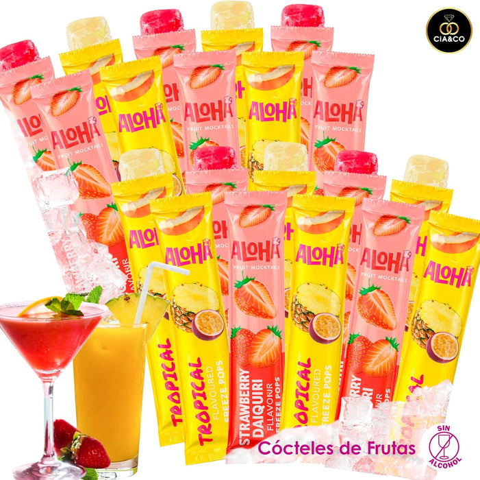 Polos líquidos ALOHA listos para congelar con sabores Tropical y Daiquiri de Fresa.