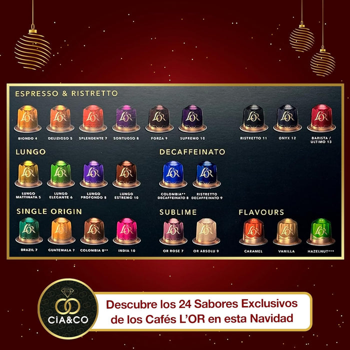 Diseño elegante negro y dorado del calendario L’OR 2025.