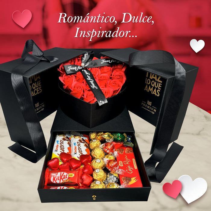 Rosas y chocolates combinados en una experiencia visual equilibrada.