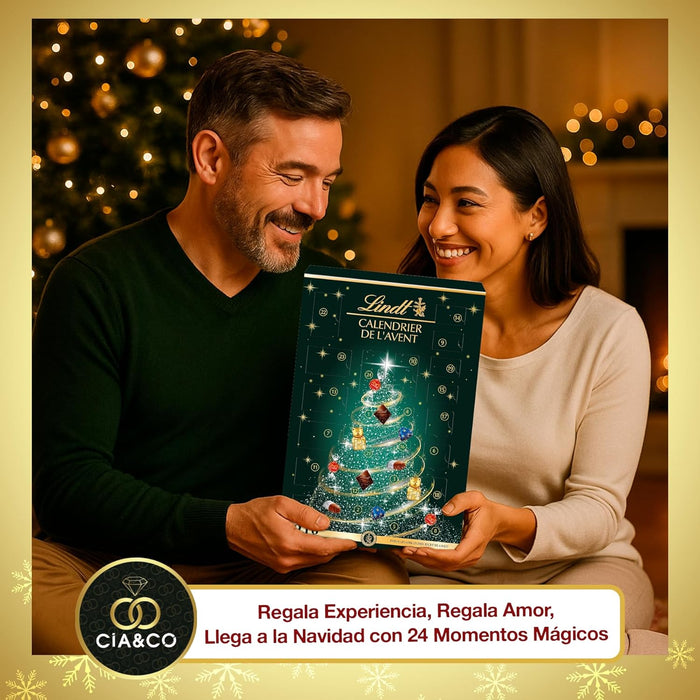 Presentación navideña del calendario Lindt Verde con fondo dorado