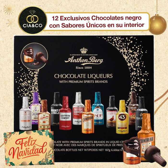 Detalle de bombones Anthon Berg con envoltorios metálicos de colores.