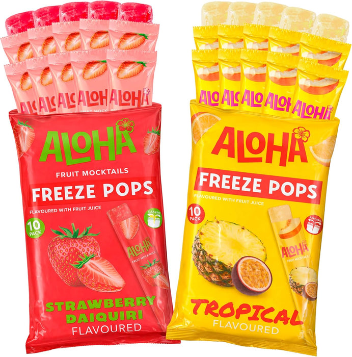 Pack de 20 polos para congelar ALOHA con sabores Tropical y Daiquiri de Fresa.