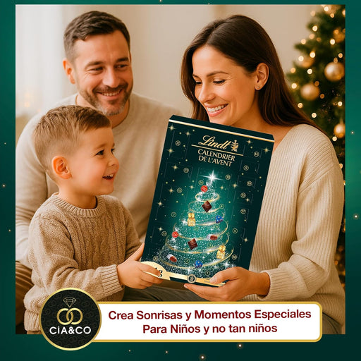 Detalle del calendario Lindt Verde 2025 con surtido gourmet de bombones