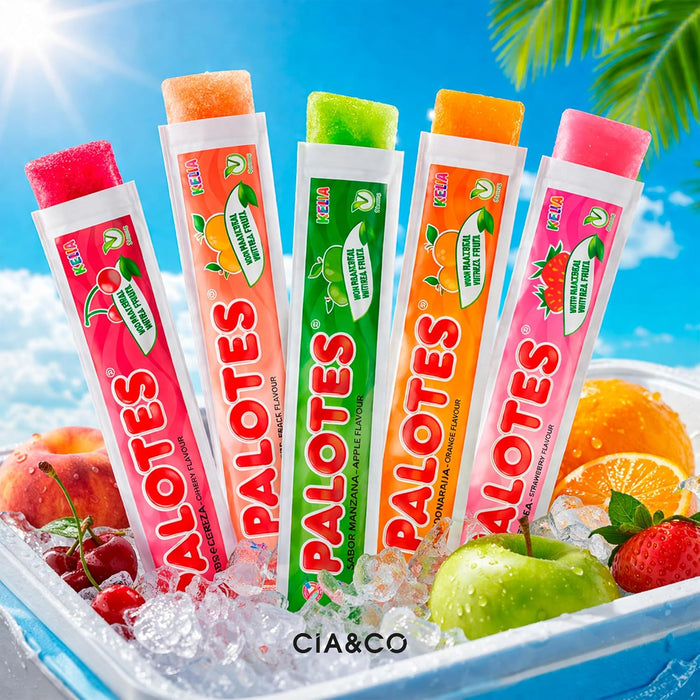 Polos para congelar Palotes con sabor afrutado inspirado en la popular piruleta de fresa.