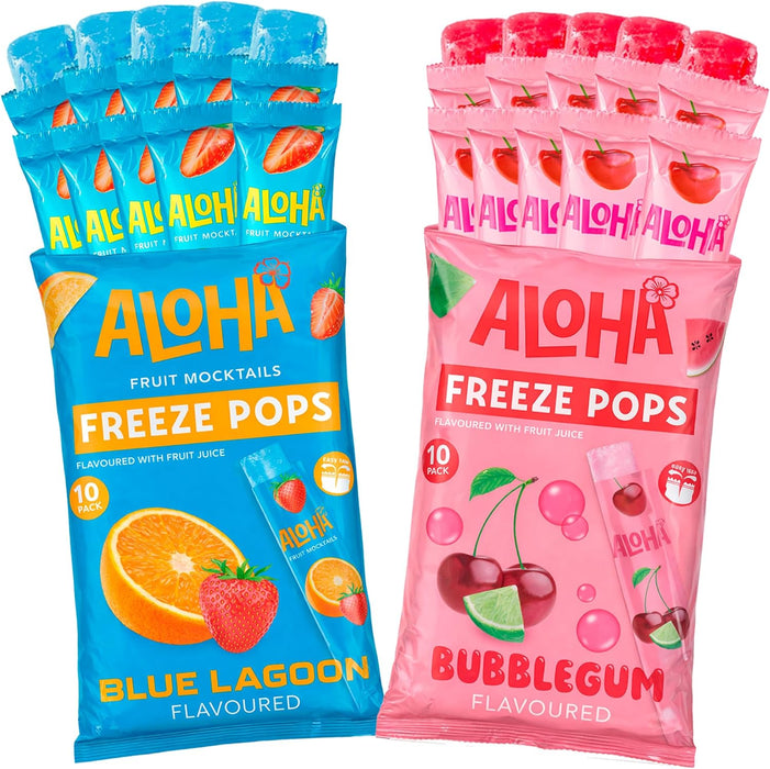 Pack de 20 polos para congelar ALOHA con sabores Blue Lagoon y Bubblegum Cereza.