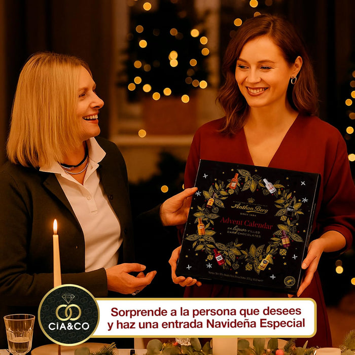 Calendario de Adviento Anthon Berg abierto mostrando chocolates rellenos exclusivos.