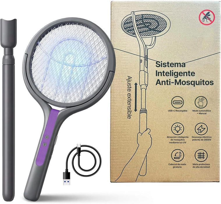 Raqueta mosquitos eléctrica CIA&CO con mango telescópico y base de carga USB-C