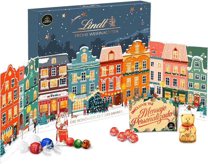 Calendario de Adviento Lindt Ciudad Navideña XXL 2025 – vista frontal.