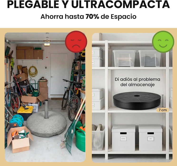Base para sombrilla ligera de transportar y resistente una vez rellenada