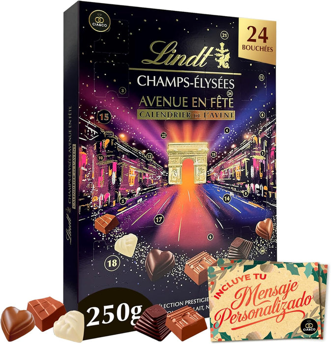 Calendario de Adviento Lindt Campos Elíseos 2025 con 24 bombones exclusivos y diseño de lujo.