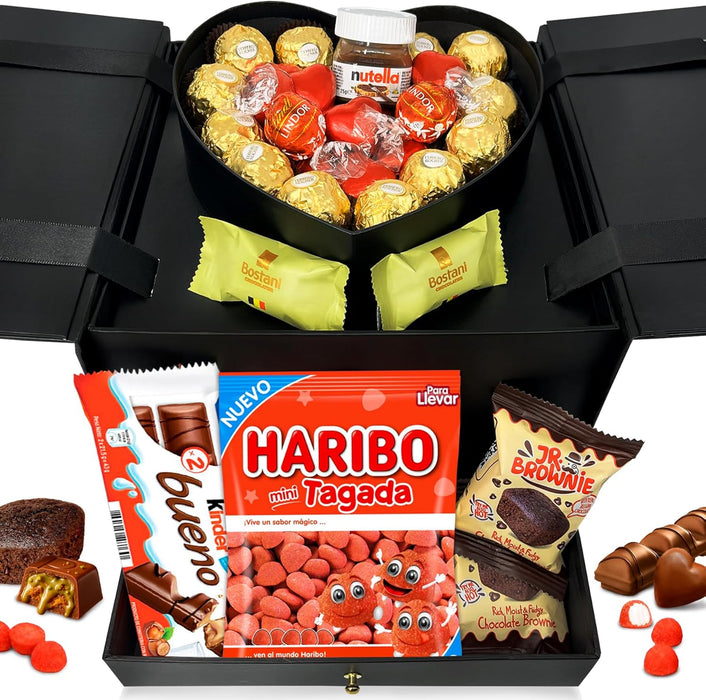 Caja joyero premium con sistema pop-up y chocolates gourmet.