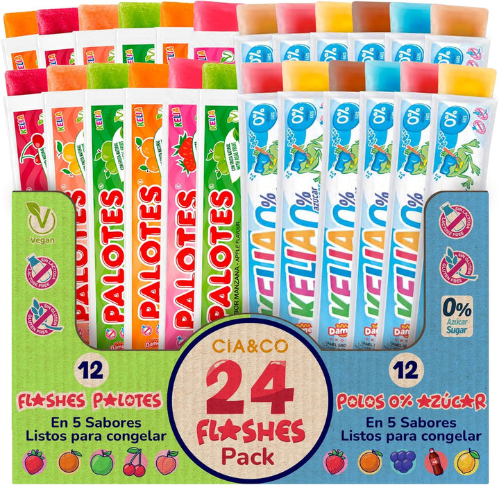 24 polos para congelar Cia&Co con 12 Flashes Palotes sabor fresa y 12 Flashes 0% Azúcar.
