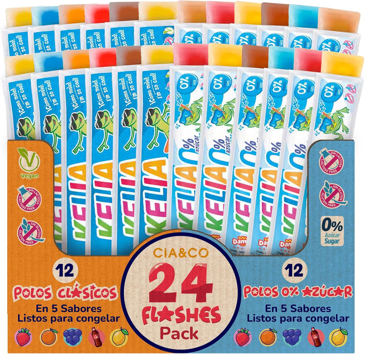 24 polos para congelar Cia&Co con 12 Flashes Classic de sabores variados y 12 Flashes 0% Azúcar.