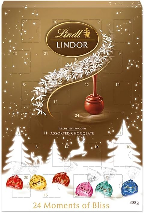 Gran Calendario de Adviento Lindt LINDOR con Tarjeta Cia&Co, 300g de bombones surtidos. Un regalo premium con 24 sorpresas de chocolate con corazón cremoso para Navidad.