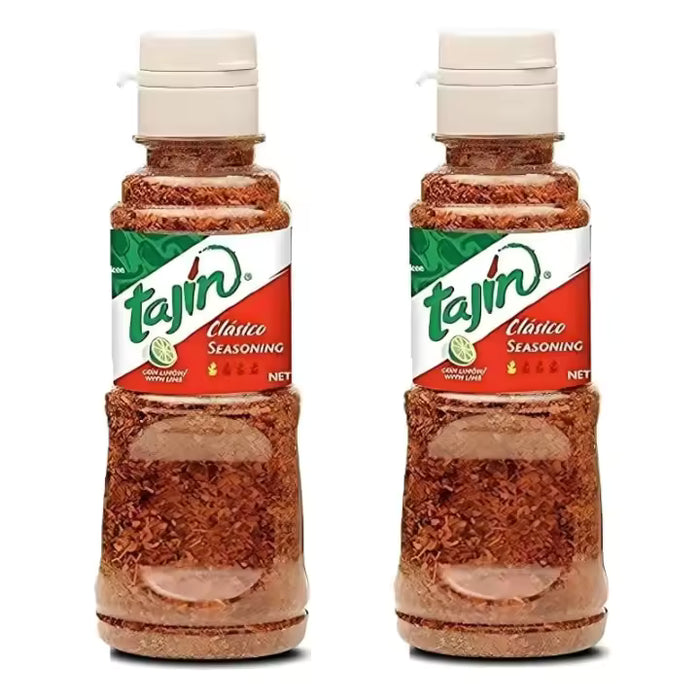 Tajín Classic, Pack of 2 142g Cans. 100% natural Mexican seasoning with chili and lime for seasoning fruits, salads, and all types of meats.