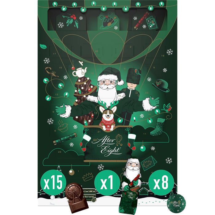 After Eight Calendario de Adviento con 24 bombones de chocolate negro y menta. Disfruta de la Navidad al estilo inglés con su diseño 3D y cacao de cultivo sostenible (199g). After Eight - ingredientes