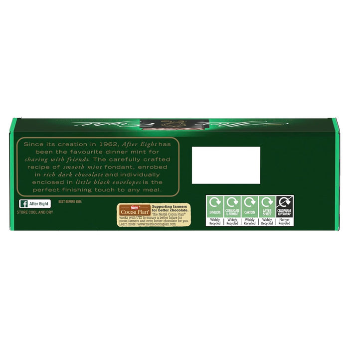 After Eight de Nestlé, la clásica caja de 300g con finas láminas de exquisito chocolate negro que envuelven un cremoso y refrescante relleno de menta, con cacao sostenible. After Eight - ingredientes