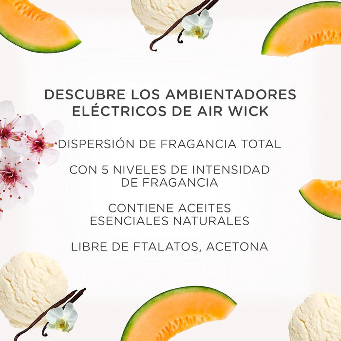 Air Wick Ambientador Eléctrico, Kit Completo con Aparato y Recambio fragancia Delicias de Verano. Sumérgete en un aroma a flores blancas, melón y vainilla que te encantará. Air Wick - detalle