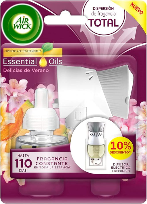 Air Wick Ambientador Eléctrico, Kit Completo con Aparato y Recambio fragancia Delicias de Verano. Sumérgete en un aroma a flores blancas, melón y vainilla que te encantará. Air Wick - frontal