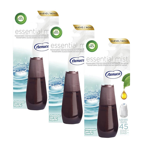 Air Wick Essential Mist Recambio para Difusor Automático con Aroma Nenuco, Pack de 3 unidades. Transforma tu hogar con una fragancia infantil fresca y ligera de larga duración. Air Wick - frontal
