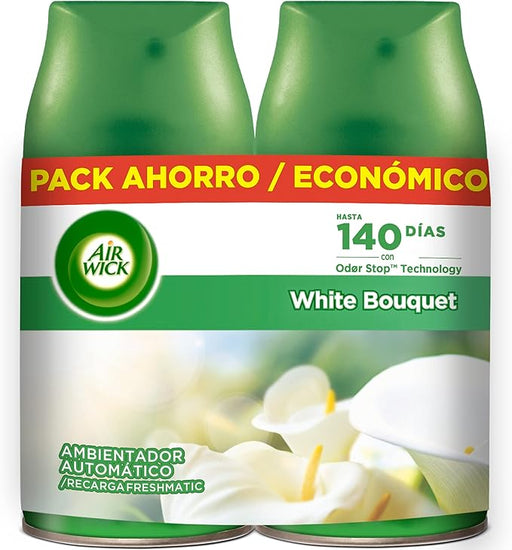 Air Wick Freshmatic Duplo Recambio, Pack de 2 Ambientadores Automáticos con Aroma a Flores Blancas. Disfruta de una fragancia duradera que elimina olores y perfuma tu hogar. Air Wick - frontal