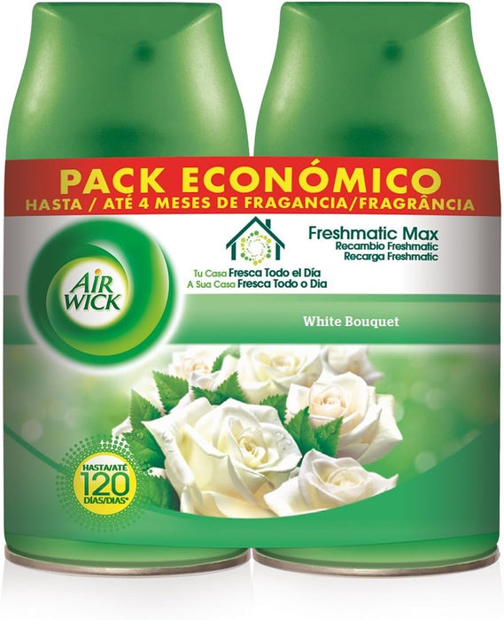 Air Wick Freshmatic Duplo Recambio, Pack de 2 Ambientadores Automáticos con Aroma a Flores Blancas. Disfruta de una fragancia duradera que elimina olores y perfuma tu hogar. Air Wick - uso