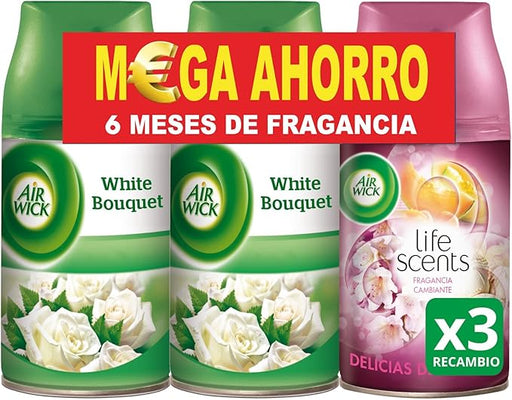 Air Wick Freshmatic Pack de 3 Recambios Mixtos: White Bouquet y Delicias de Verano. Ambientador automático con 750 ml en total para 6 meses de fragancia variada. Air Wick - frontal