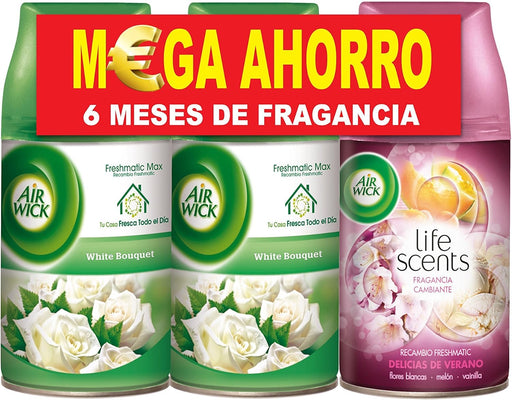 Air Wick Freshmatic Pack de 3 Recambios Mixtos: White Bouquet y Delicias de Verano. Ambientador automático con 750 ml en total para 6 meses de fragancia variada. Air Wick - pack