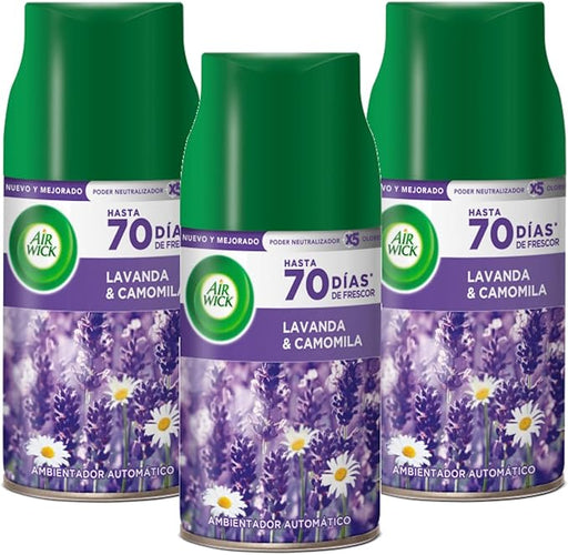 Air Wick Freshmatic Pack de 3 Recambios para Ambientador Automático, Aroma Pradera Púrpura de Lavanda (750 ml en Total). Air Wick - frontal