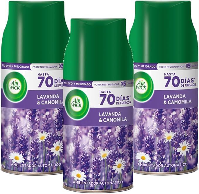 Air Wick Freshmatic Pack de 3 Recambios para Ambientador Automático, Aroma Pradera Púrpura de Lavanda (750 ml en Total). Air Wick - frontal