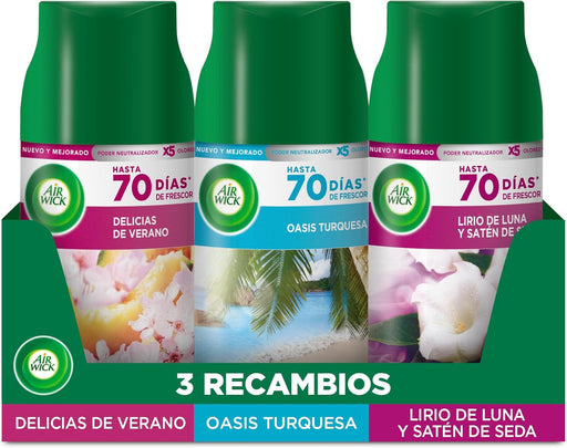 Air Wick Freshmatic Pack de 3 Recambios para Ambientador Automático, Aromas Mixtos: Delicias de Verano, Oasis Turquesa y Lirio de Luna. Una selección de fragancias para tu hogar. Air Wick - frontal