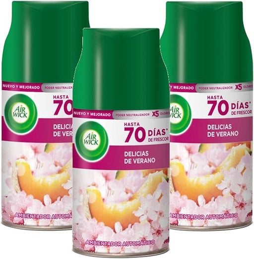 Air Wick Freshmatic Pack de 3 Recambios para Ambientador Automático, con Esencia para Casa y Aroma a Delicias de Verano. Un formato ahorro para un hogar siempre fresco y alegre. Air Wick - frontal