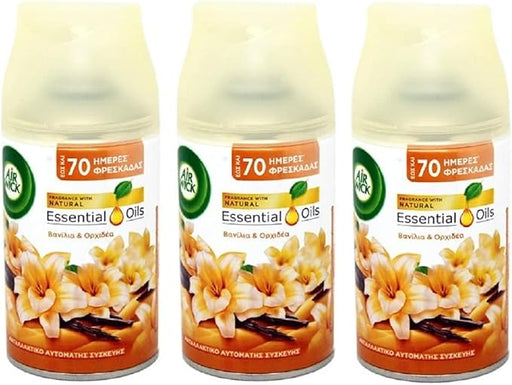 Air Wick Freshmatic Pack de 3 Recambios para Ambientador Automático, Fragancia Orquídea y Vainilla, 3x250ml. Sumérgete en un aroma floral y dulce de larga duración para tu hogar. Air Wick - frontal