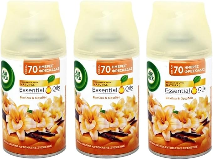 Air Wick Freshmatic Pack de 3 Recambios para Ambientador Automático, Fragancia Orquídea y Vainilla, 3x250ml. Sumérgete en un aroma floral y dulce de larga duración para tu hogar. Air Wick - frontal