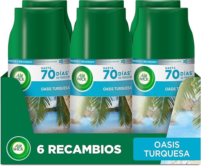 Air Wick Freshmatic Pack de 6 Recambios para Ambientador Automático, Esencia para Casa con Aroma a Oasis Turquesa. Formato ahorro para una frescura duradera en tu hogar. Air Wick - frontal