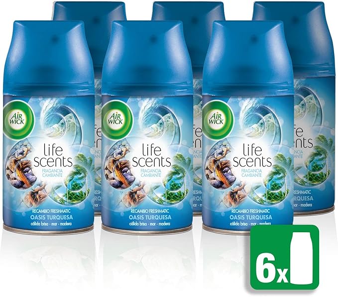 Air Wick Freshmatic Pack de 6 Recambios para Ambientador Automático, Esencia para Casa con Aroma a Oasis Turquesa. Formato ahorro para una frescura duradera en tu hogar. Air Wick - zoom