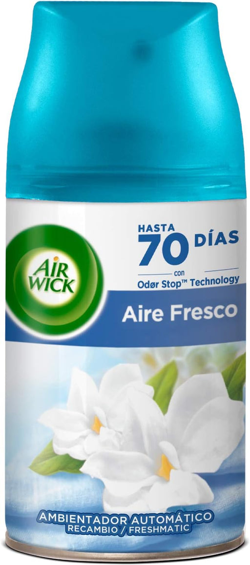 Air Wick Freshmatic Recambio para Ambientador Automático, fragancia Aire Fresco, 250 ml. Disfruta de una brisa pura y duradera gracias a su tecnología Odor Stop. Air Wick - frontal