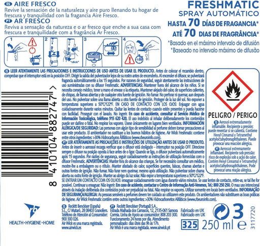 Air Wick Freshmatic Recambio para Ambientador Automático, fragancia Aire Fresco, 250 ml. Disfruta de una brisa pura y duradera gracias a su tecnología Odor Stop. Air Wick - pack