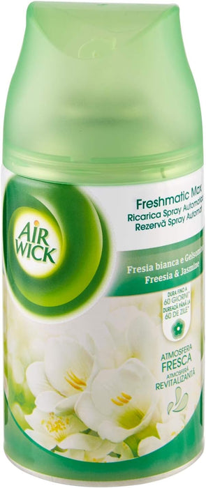Air Wick Freshmatic Recambio para Ambientador Automático, fragancia Fresia y Jazmín, 265g. Un aroma floral inspirado en flores blancas recién cortadas para un hogar fresco y perfumado. Air Wick - zoom