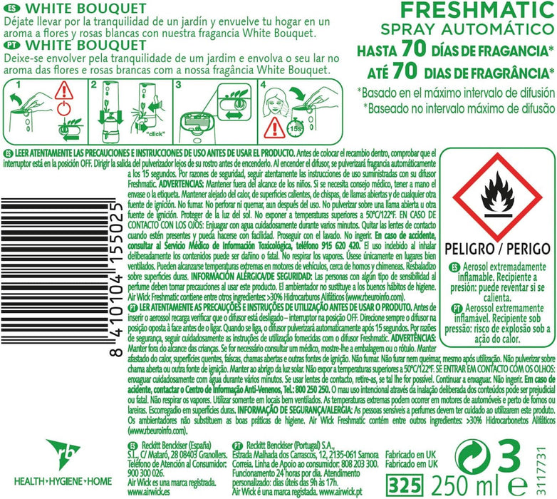 Air Wick Freshmatic Recambio para Ambientador Automático, fragancia Fresia y Jazmín, 265g. Un aroma floral inspirado en flores blancas recién cortadas para un hogar fresco y perfumado. Air Wick - ingredientes