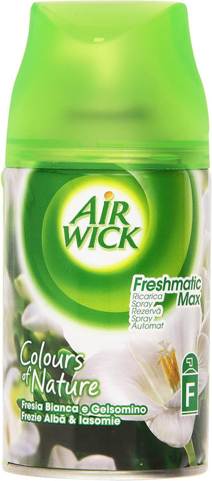 Air Wick Freshmatic Recambio para Ambientador Automático, fragancia Fresia y Jazmín, 265g. Un aroma floral inspirado en flores blancas recién cortadas para un hogar fresco y perfumado. Air Wick - detalle