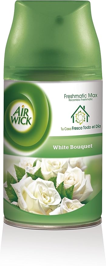 Air Wick Freshmatic Recambio para Ambientador Automático, fragancia Fresia y Jazmín, 265g. Un aroma floral inspirado en flores blancas recién cortadas para un hogar fresco y perfumado. Air Wick - frontal