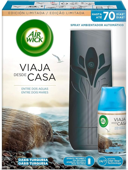 Kit Completo Air Wick Freshmatic con fragancia Oasis Turquesa. Incluye 1 aparato difusor y 1 recambio para una escapada paradisíaca y un frescor de hasta 70 días. Air Wick - frontal