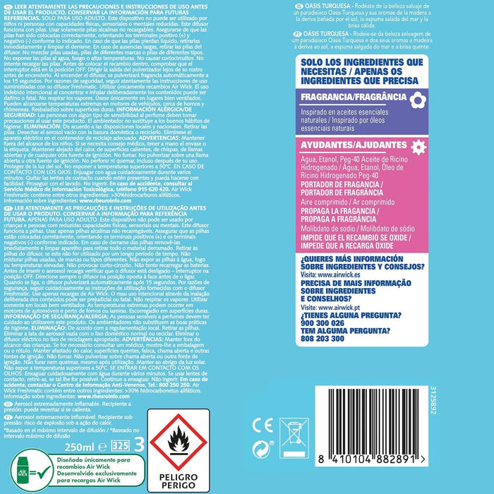 Kit Completo Air Wick Freshmatic con fragancia Oasis Turquesa. Incluye 1 aparato difusor y 1 recambio para una escapada paradisíaca y un frescor de hasta 70 días. Air Wick - presentacion